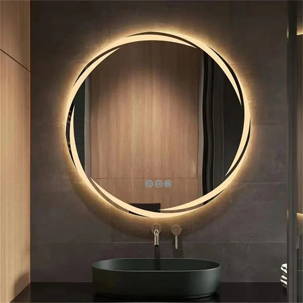 Circular led bathroom mirror with warm glowing light ring and three control buttons for easy brightness adjustment