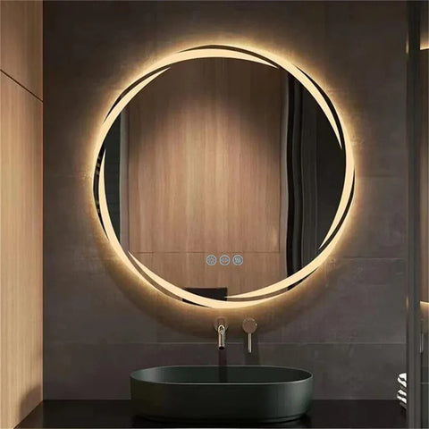 Circular led bathroom mirror with warm glowing light ring and three control buttons for easy brightness adjustment