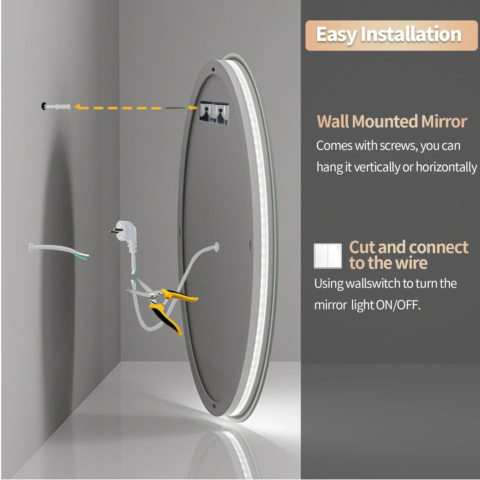 Circular wall-mounted led bathroom mirror with anti-fog feature and soft white backlit glow for vanity use