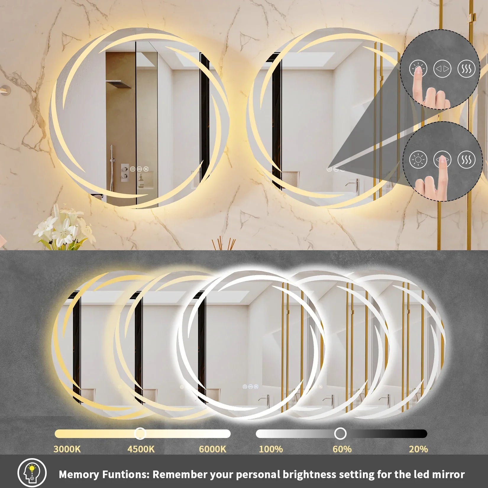 Circular led bathroom mirror with anti-fog, shatterproof design and adjustable warm cool white lighting for vanity use