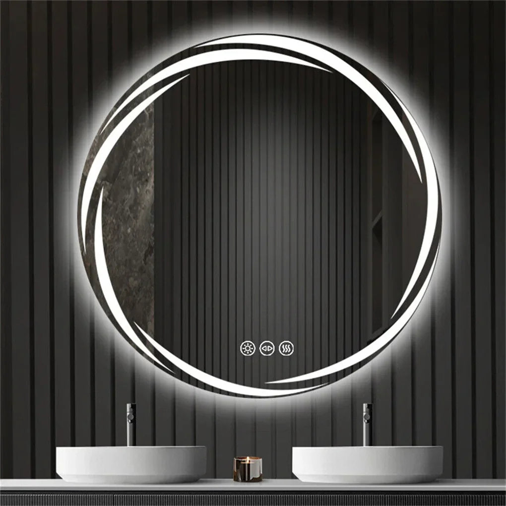 Circular led bathroom mirror with anti-fog feature, two glowing rings, and three control buttons for color light adjustment