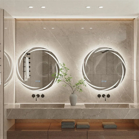 Two circular led bathroom mirrors with white backlit rings and minimalist black fixtures perfect for vanity use