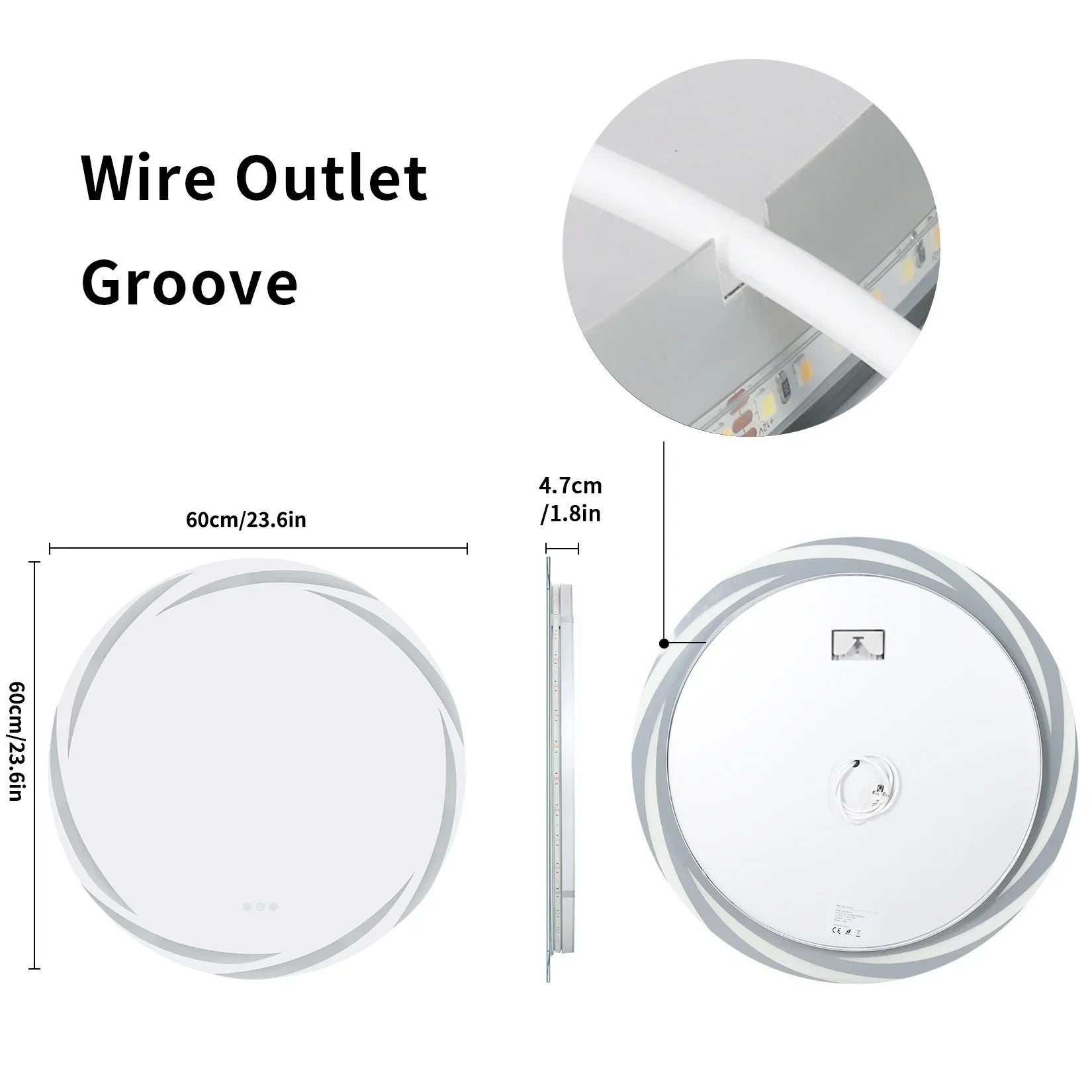 Circular led bathroom mirror with sleek white finish, concentric ring design, and integrated cable groove for easy wire management