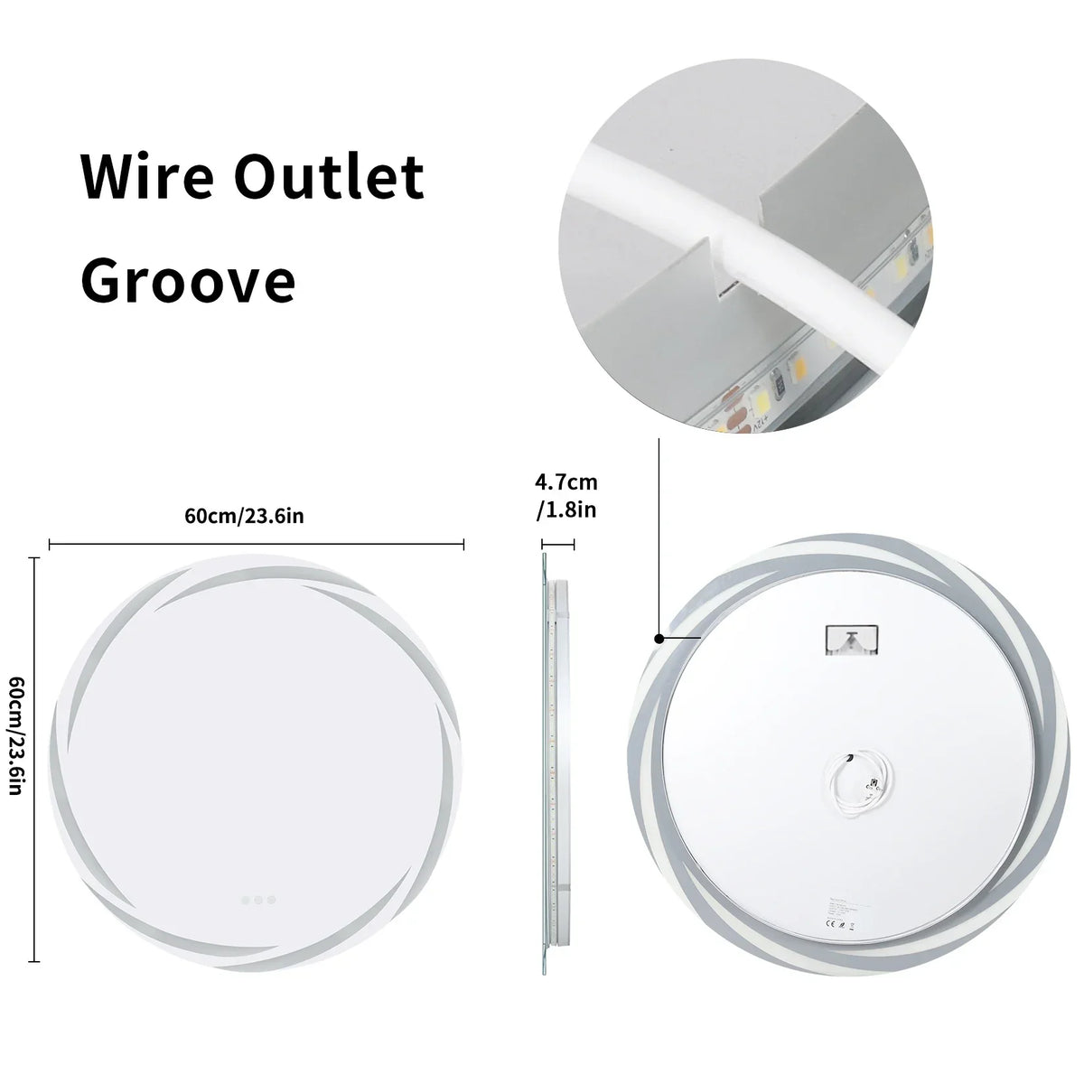 Circular led bathroom mirror with sleek white finish, concentric ring design, and integrated cable groove for easy wire management