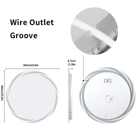 Circular led bathroom mirror with sleek white finish, concentric ring design, and integrated cable groove for easy wire management