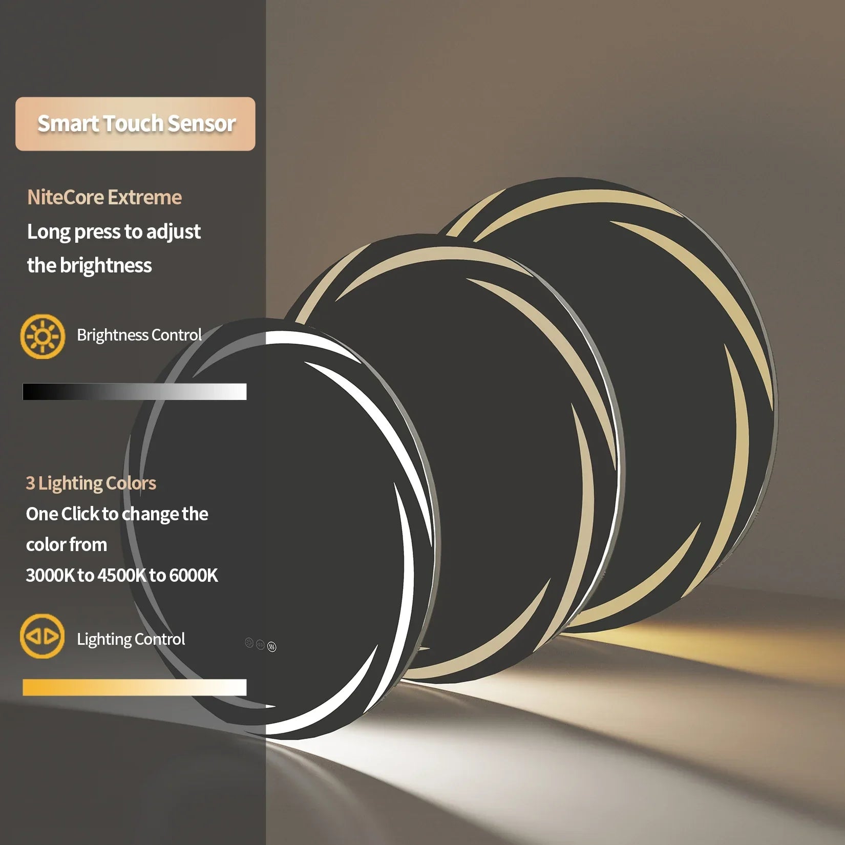 Black circular smart touch led bathroom mirror with gold and white accents adjustable brightness and 3 color modes
