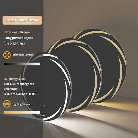 Black circular smart touch led bathroom mirror with gold and white accents adjustable brightness and 3 color modes