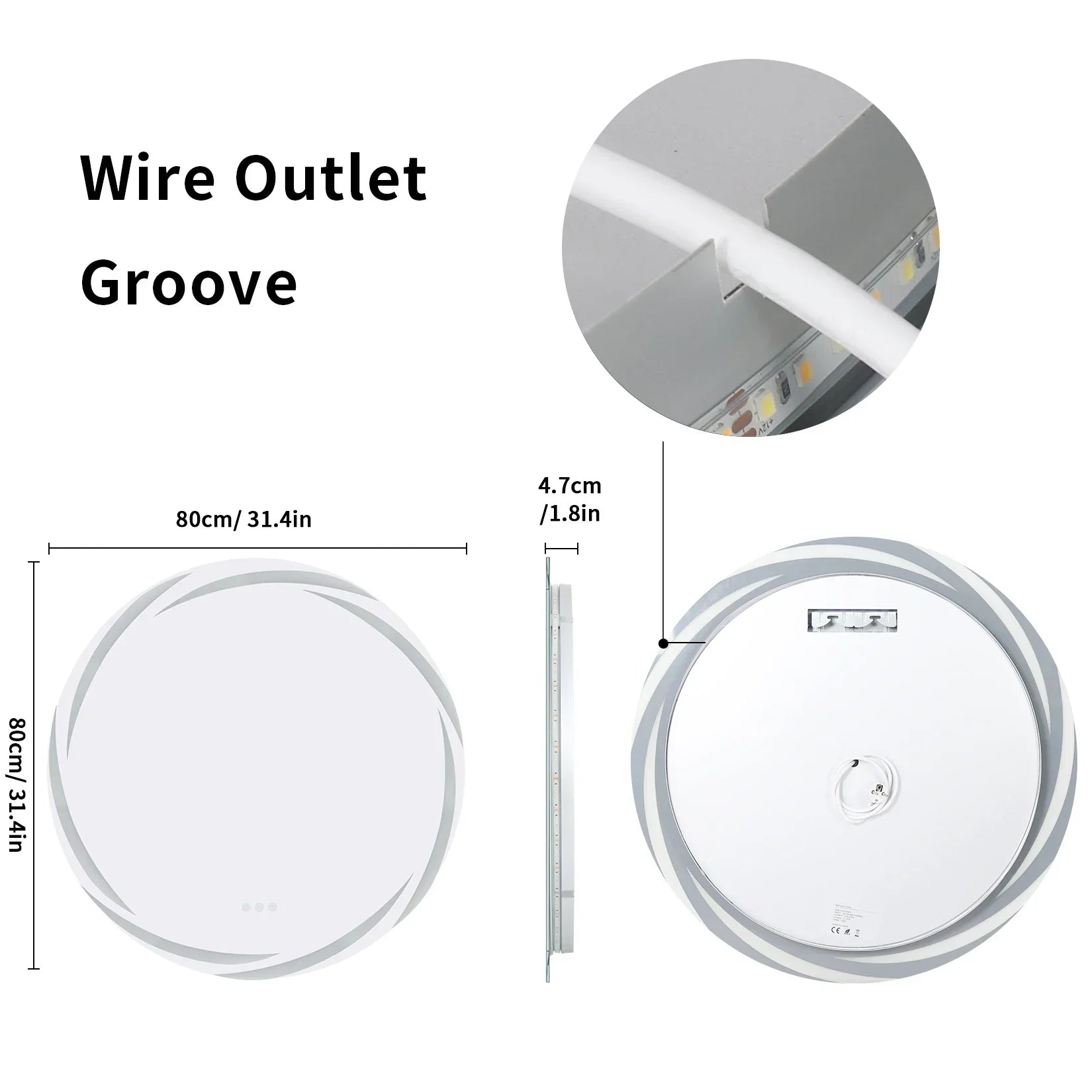 Circular white led bathroom mirror with silver trim and anti-fog backlit design for vanity wall mounting