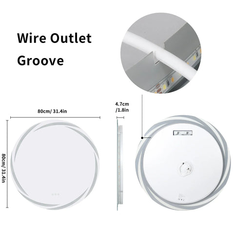 Circular white led bathroom mirror with silver trim and anti-fog backlit design for vanity wall mounting