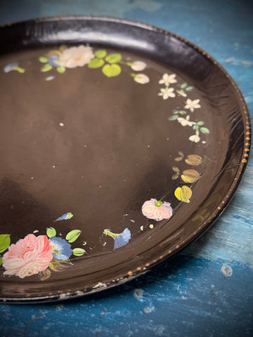 Antique 19th c black lacquer papier-mâché plate tray with dark brown base and hand-painted pink blue white flowers
