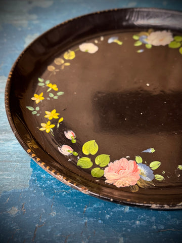 Antique 19th c papier-mâché lacquered black lacquer plate tray with delicate hand-painted floral motifs in soft hues