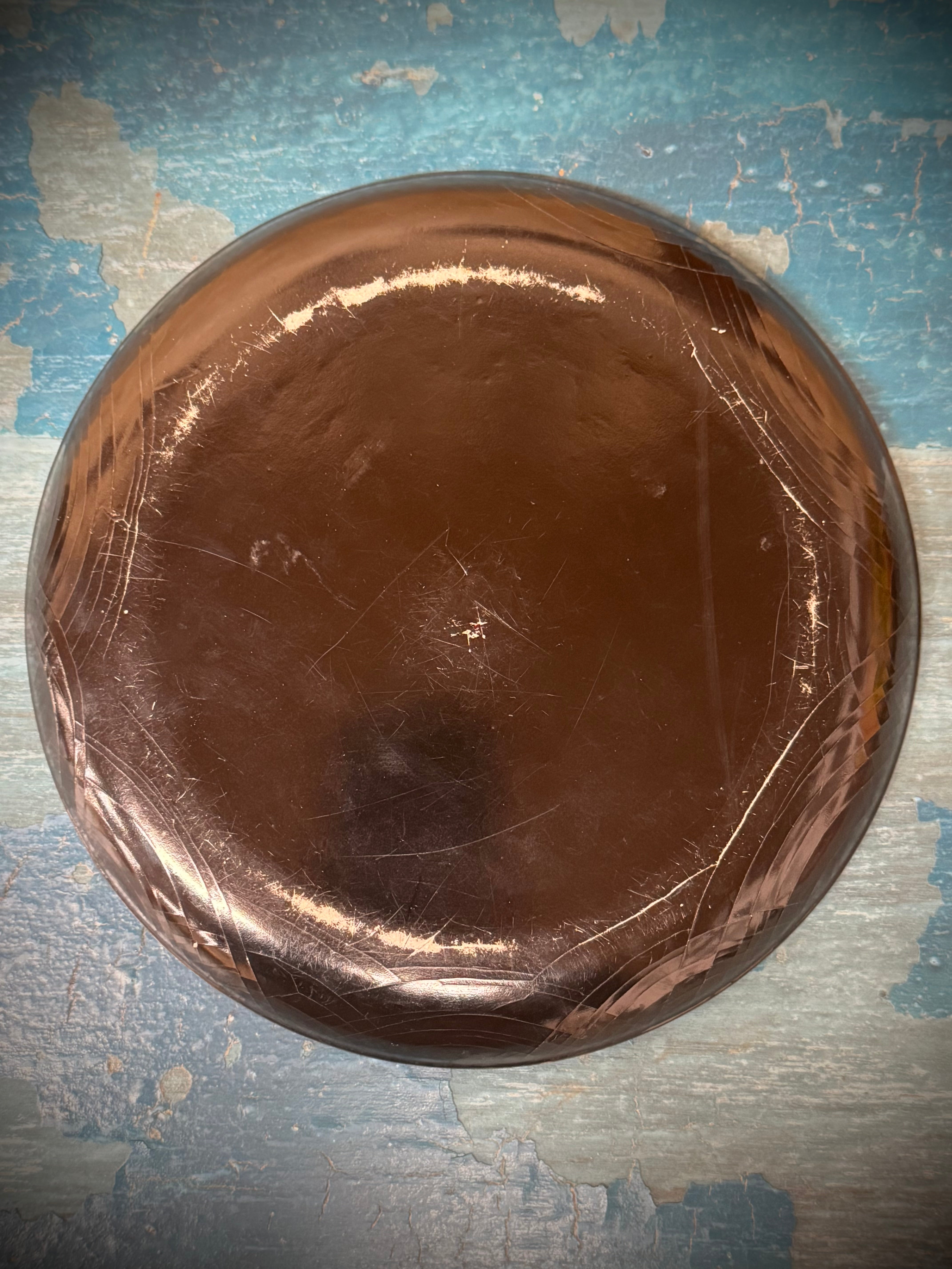 Antique 19th c copper-colored metal lid with scratches for black lacquer plate tray or chinoiserie bowl use