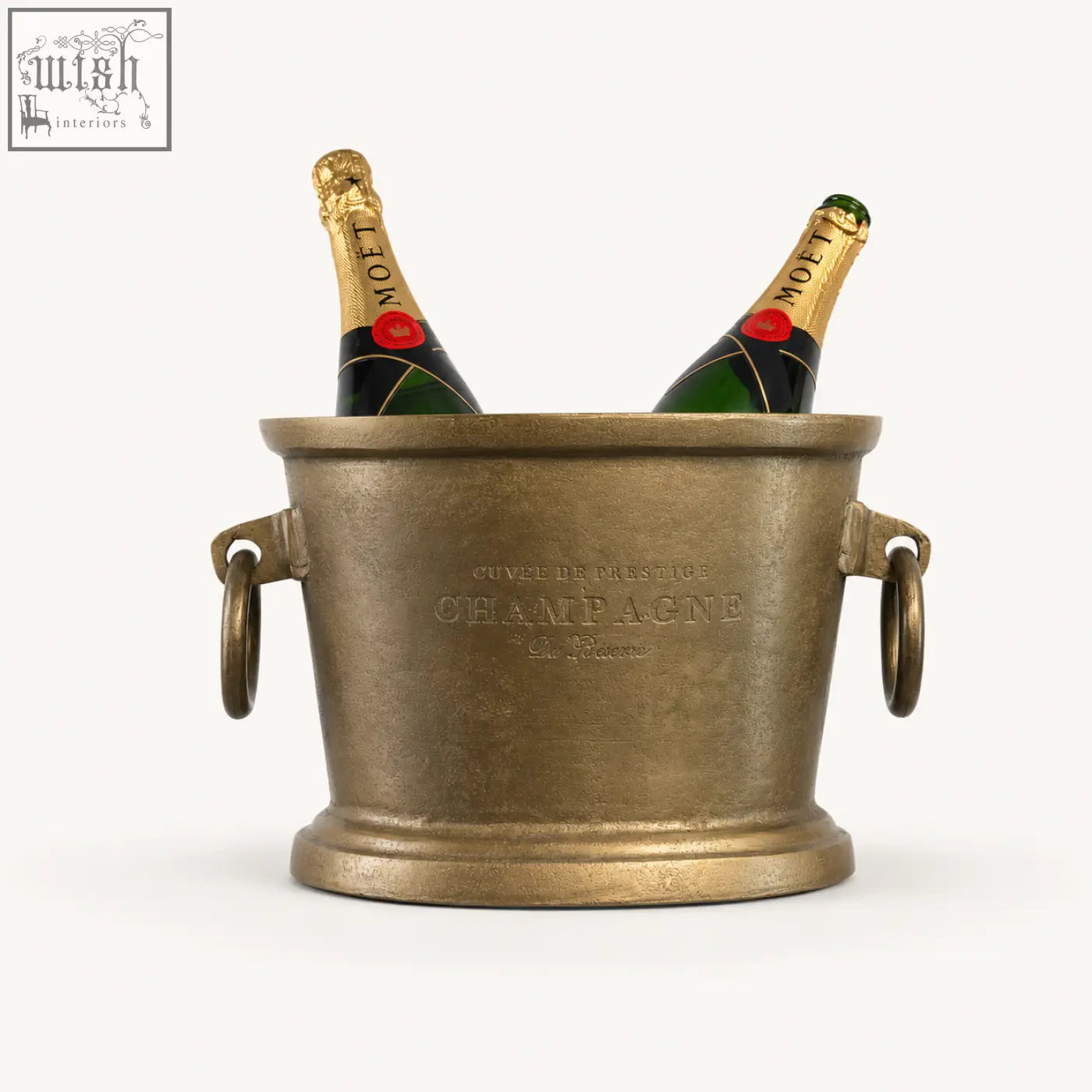 Antique brass solid cast engraved champagne ice bucket cooler with cuvée de prestige and two moët & chandon bottles vintage french brasserie style