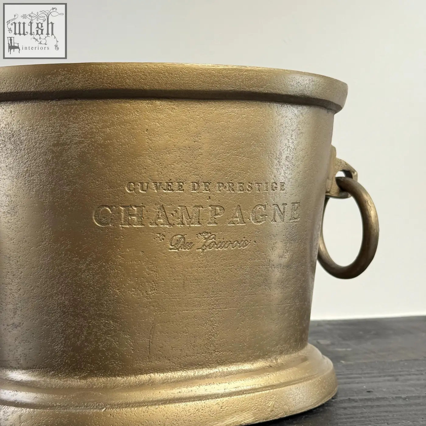Antique brass solid cast engraved champagne ice bucket cooler with gold finish and ring handle for vintage french brasserie style