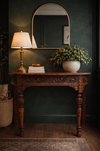 Antique carved oak console table with intricate carvings dark brown finish perfect as a hall side table