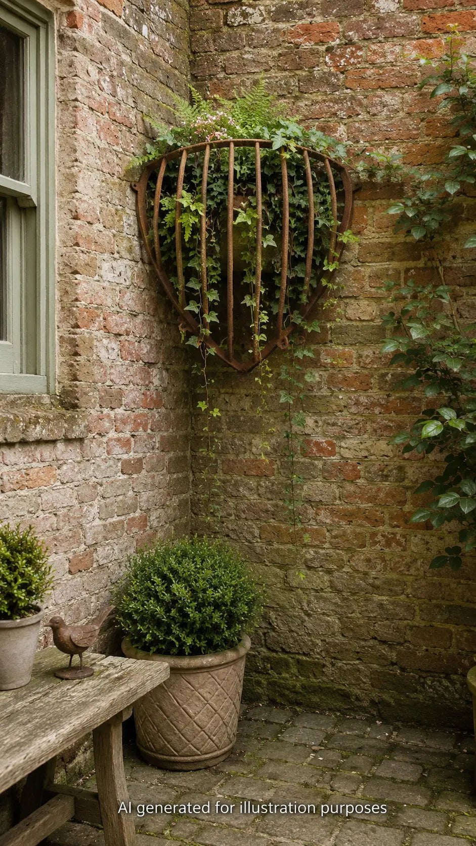 Rustic heart-shaped antique cast iron corner hay planter with green ivy and ferns mounted on a brick wall