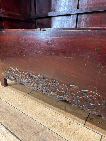 Antique chinese open cabinet in reddish brown wood with intricate floral carvings ideal as a wedding cabinet