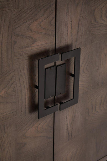 Black rectangular cabinet handle on a modern dimaro 4-door antique grey sideboard with a minimalist design