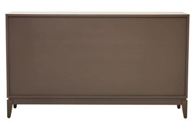 Brown minimalist sideboard with sleek matte finish and slender legs in antique grey dimaro 4-door antique style