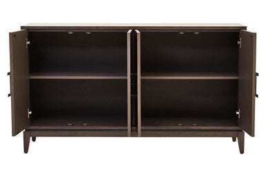 Dark brown wooden sideboard with two open doors and tapered legs in the dimaro 4-door antique grey style