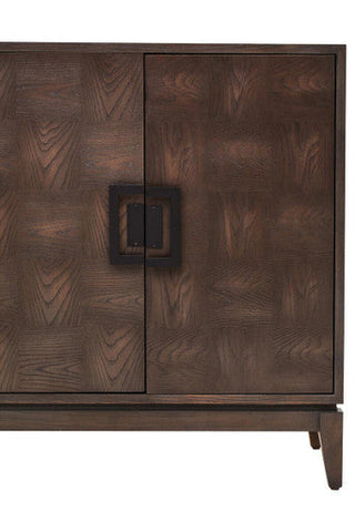 Dark brown wood cabinet with geometric pattern and black handle in dimaro 4-door antique grey sideboard design