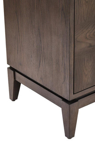Dark gray wood nightstand with tapered legs and subtle grain pattern matching antique grey dimaro 4-door antique style