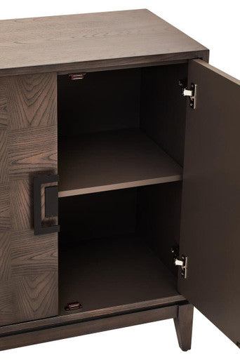 Dark wood antique grey dimaro 4-door antique sideboard with geometric pattern and one open door showing interior shelf