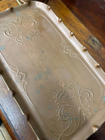 Antique joseph sankey art nouveau brass serving tray with ornate embossed floral patterns and subtle patina