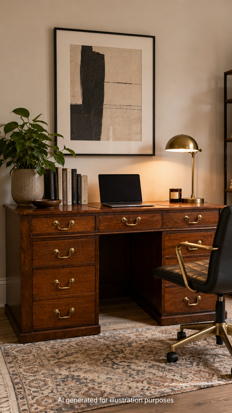 Dark wood antique mahogany twin pedestal desk with brass handles and matching brass lamp for office use