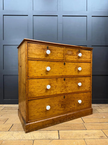 Antique oak chest of drawers with six white ceramic knobs perfect for country house pine chest storage