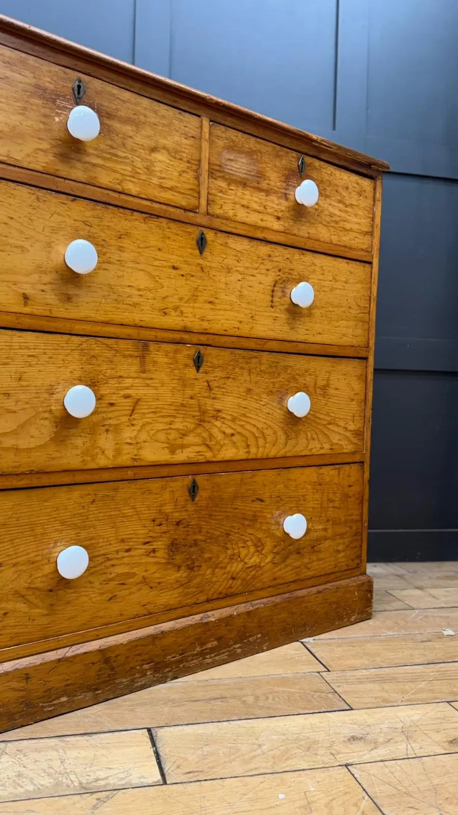 Antique oak chest of drawers with six drawers and white ceramic knobs perfect for country house pine chest storage