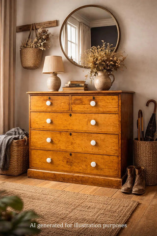 Warm-toned antique pine chest of drawers with white knobs and rustic finish perfect for country house storage
