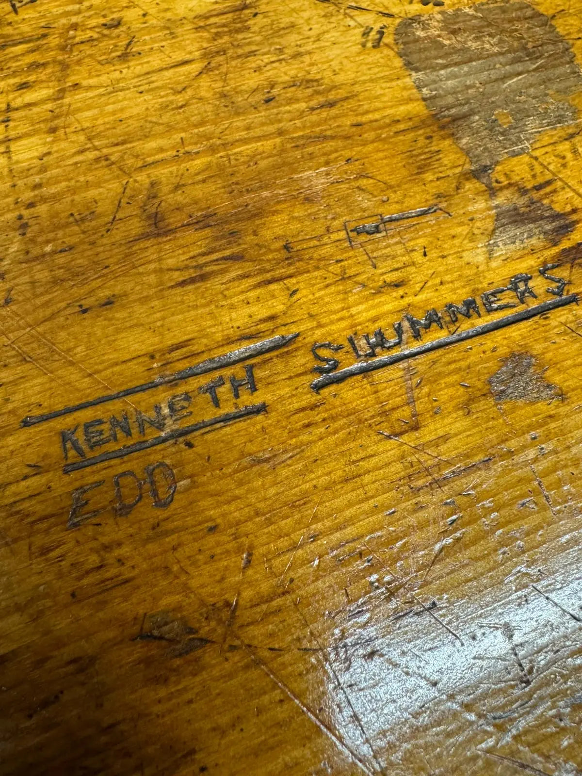 Worn yellow pine chest of drawers with engraved text kenneth s perfect for country house storage