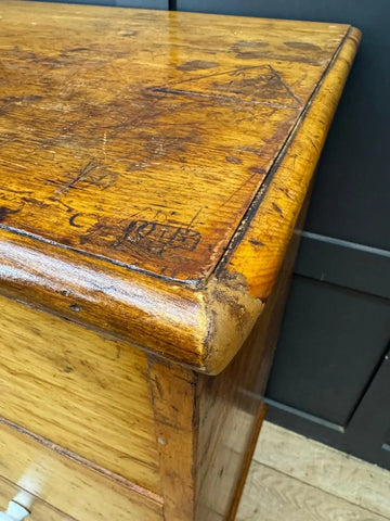 Antique yellow oak dresser with worn polished finish and visible wood grain perfect for country house pine chest storage
