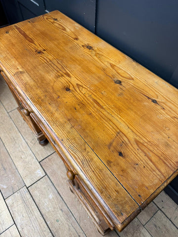Antique pine pedestal desk dressing table with cupboards and drawers in warm golden brown pine with carved legs