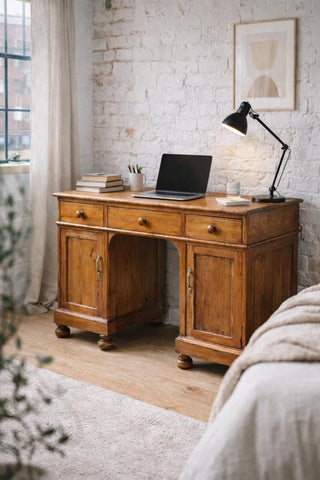 Antique pine pedestal desk with warm-toned wood, brass handles, three drawers, and two cupboard doors