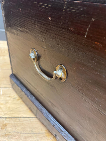 Antique pine trunk chest with dark brown wooden drawer and tarnished brass handle perfect as a coffee table