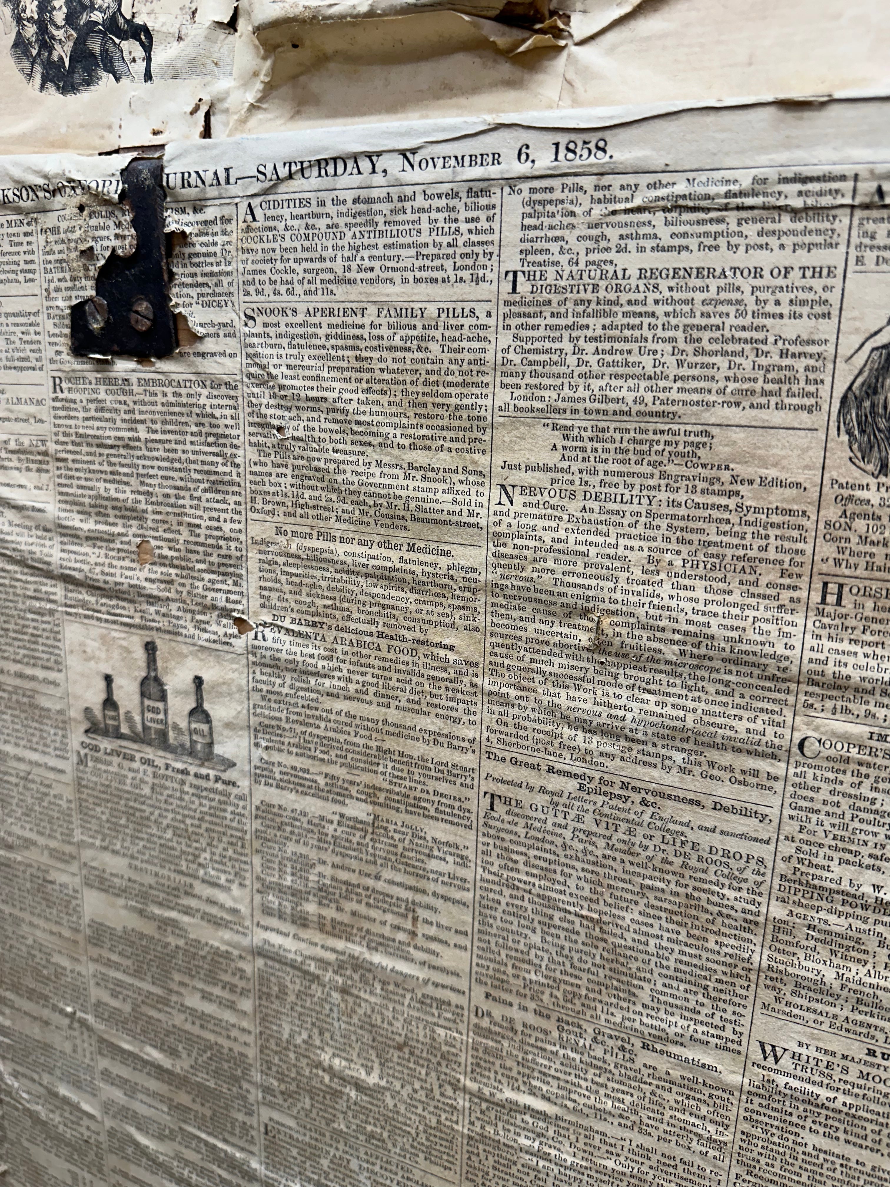 Black-and-white newspaper page from the london journal dated november 6 1858 shown with antique pine trunk painted chest old pine blanket box sideboard