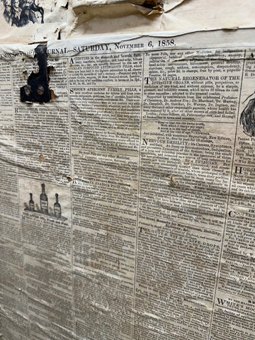 Black-and-white newspaper page from the london journal dated november 6 1858 shown with antique pine trunk painted chest old pine blanket box sideboard