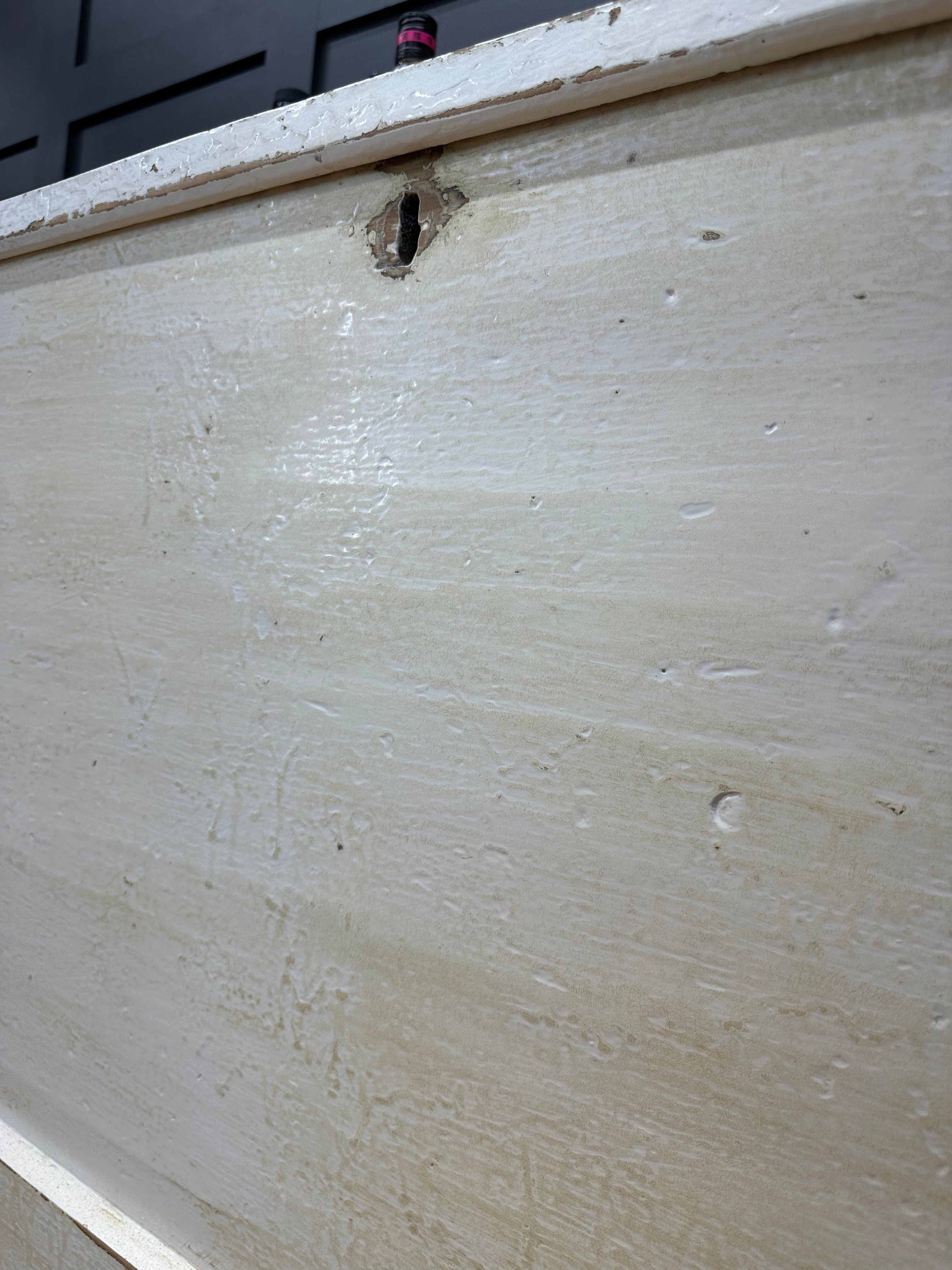 Weathered white painted pine trunk with chipped paint and keyhole perfect as an antique blanket box or sideboard
