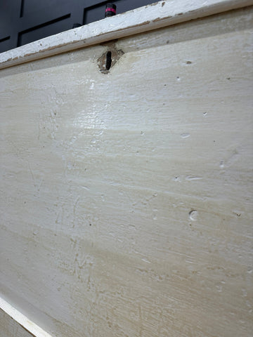 Weathered white painted pine trunk with chipped paint and keyhole perfect as an antique blanket box or sideboard