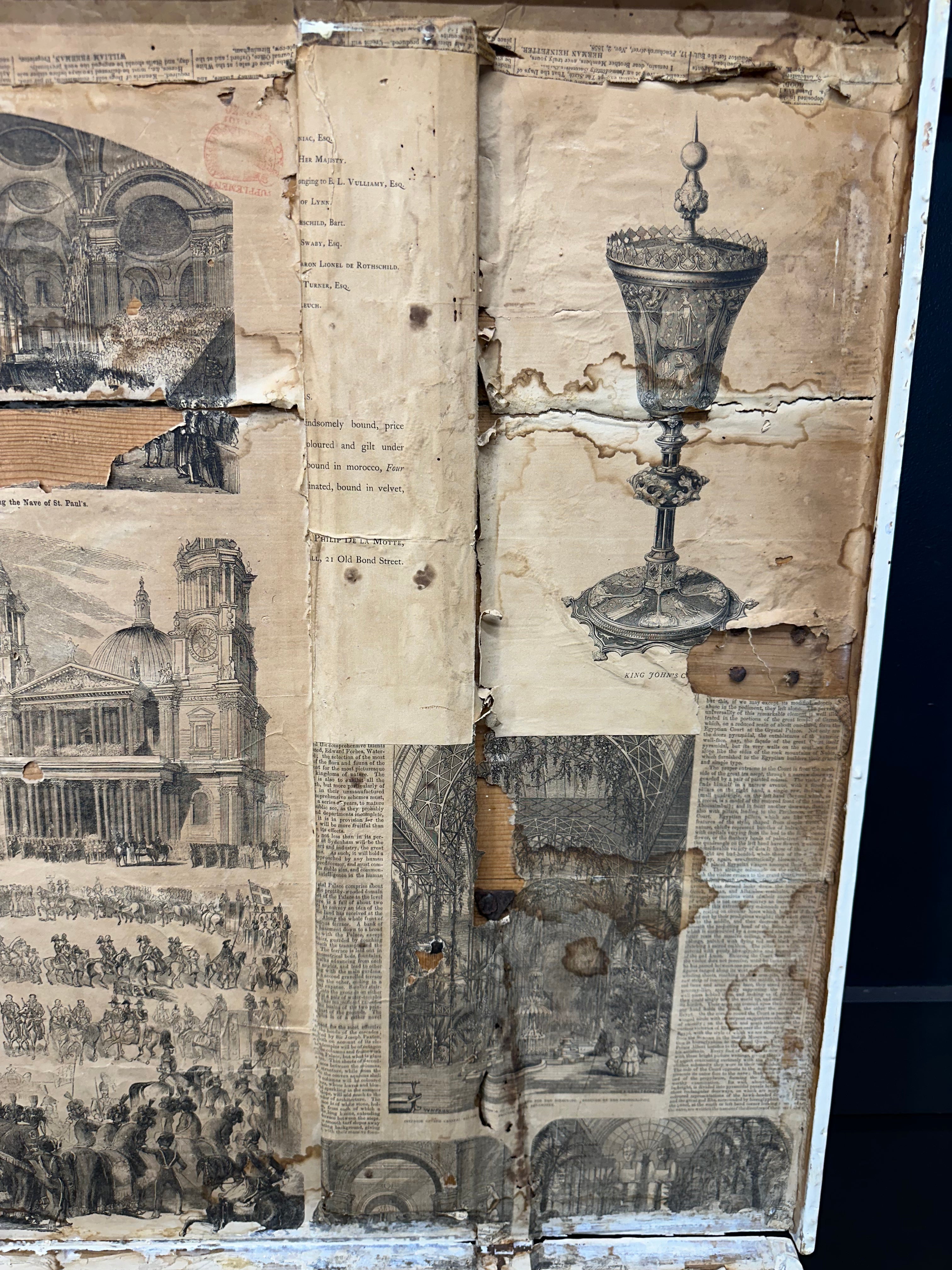 A vintage pine trunk with distressed painted chest features sepia-toned historical collage and torn pages design