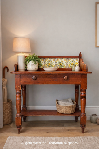 A late victorian pine washstand with turned legs, single drawer with wooden knobs, and yellow floral tile shelf
