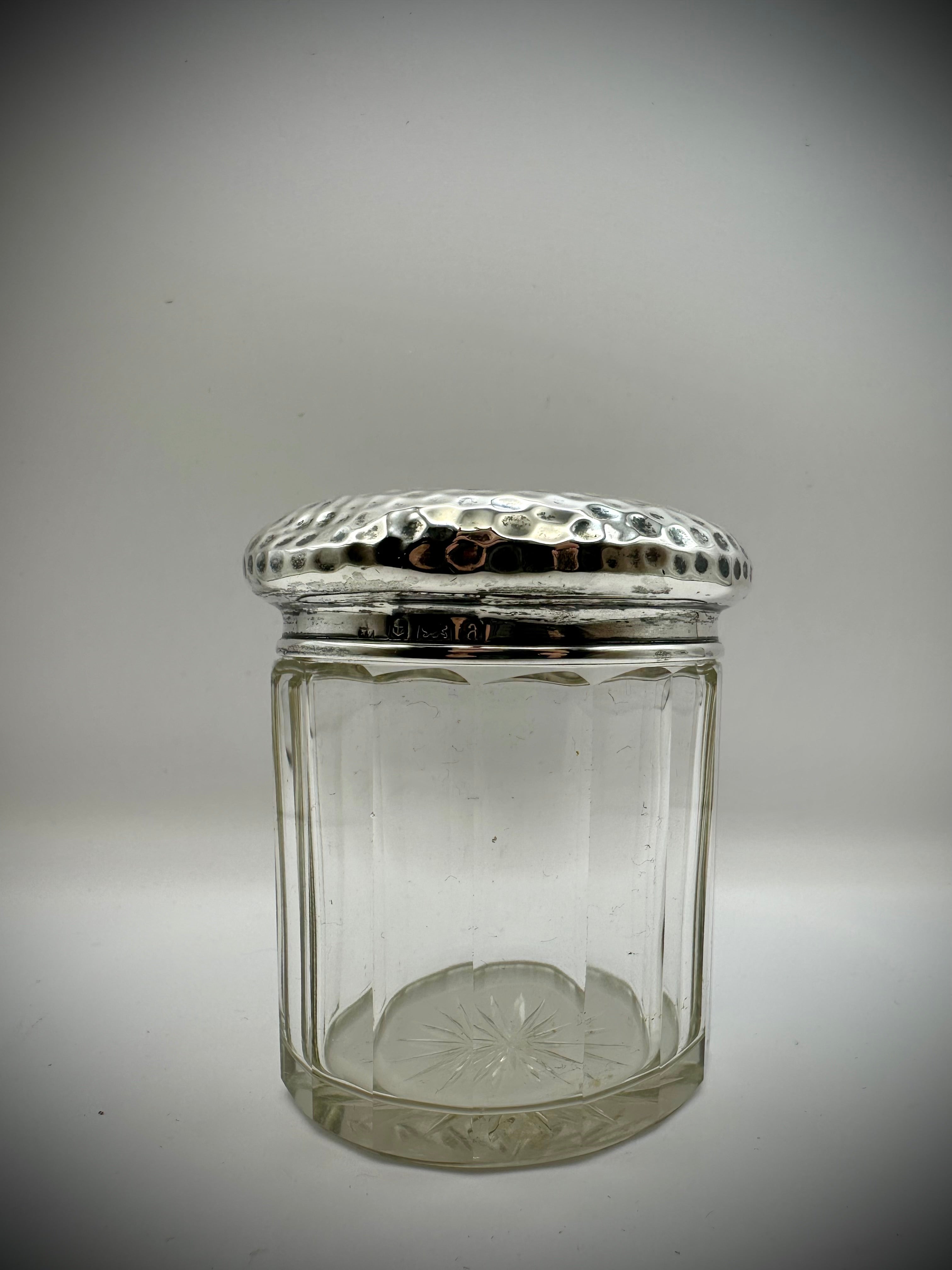 Antique cut glass pot with a silver topped hammered sterling silver lid inscribed with milly