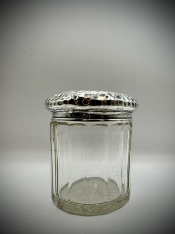 Antique cut glass pot with a silver topped hammered sterling silver lid inscribed with milly