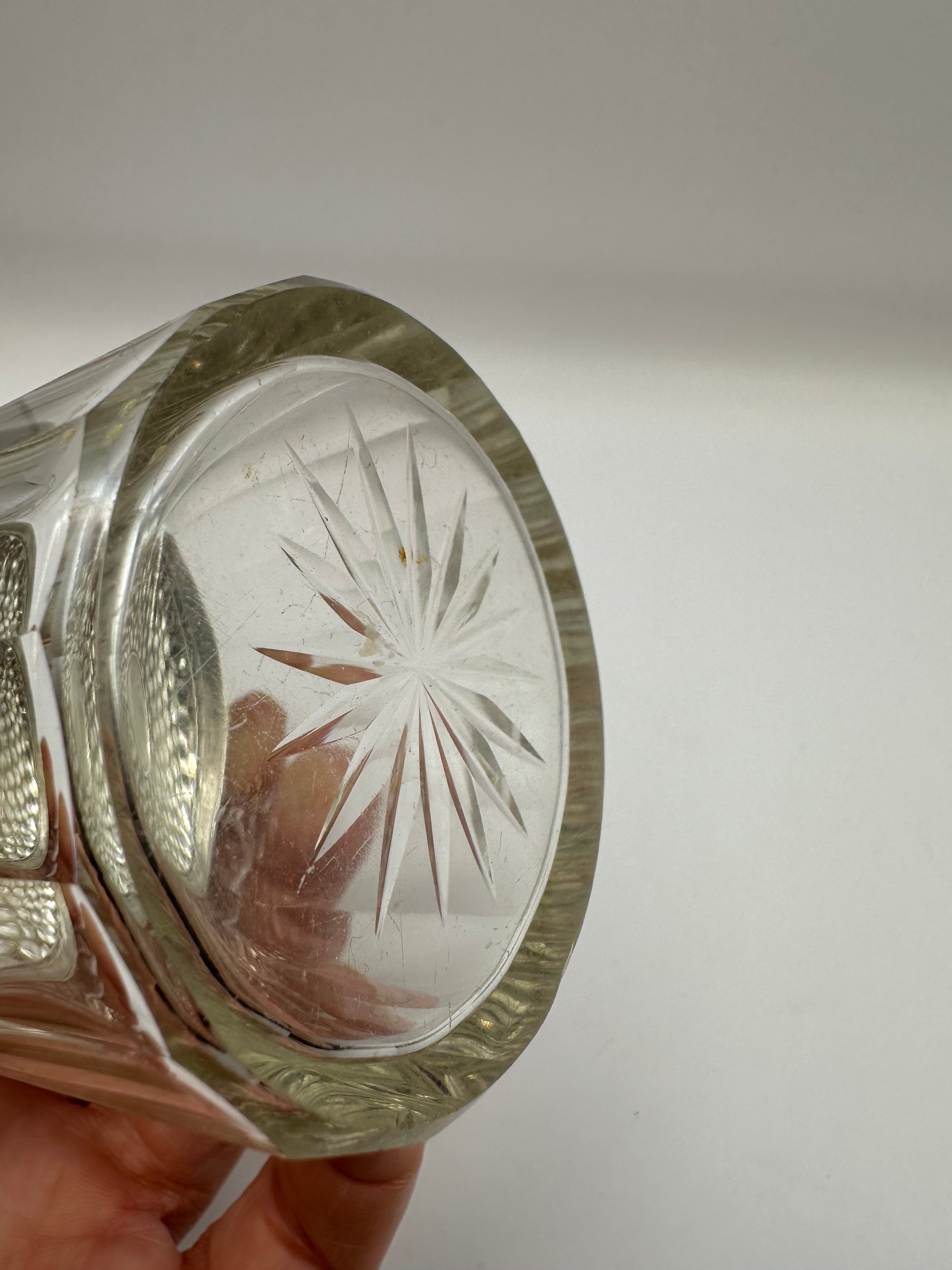 Antique solid sterling silver topped clear cut glass pot with faceted starburst base and ornate textured rim inscribed with milly