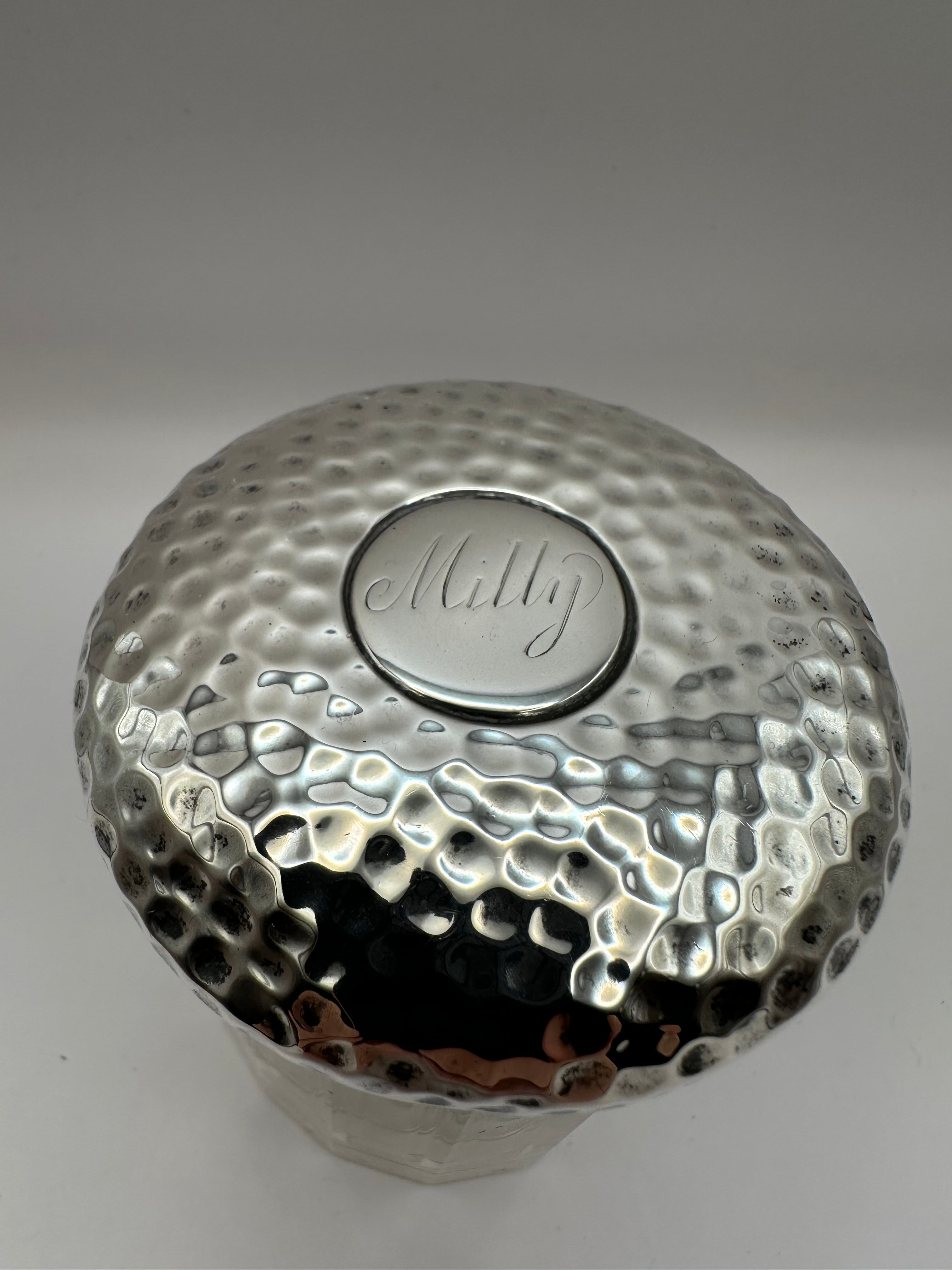 Antique solid sterling silver topped cut glass pot with a silver hammered lid engraved with the name milly