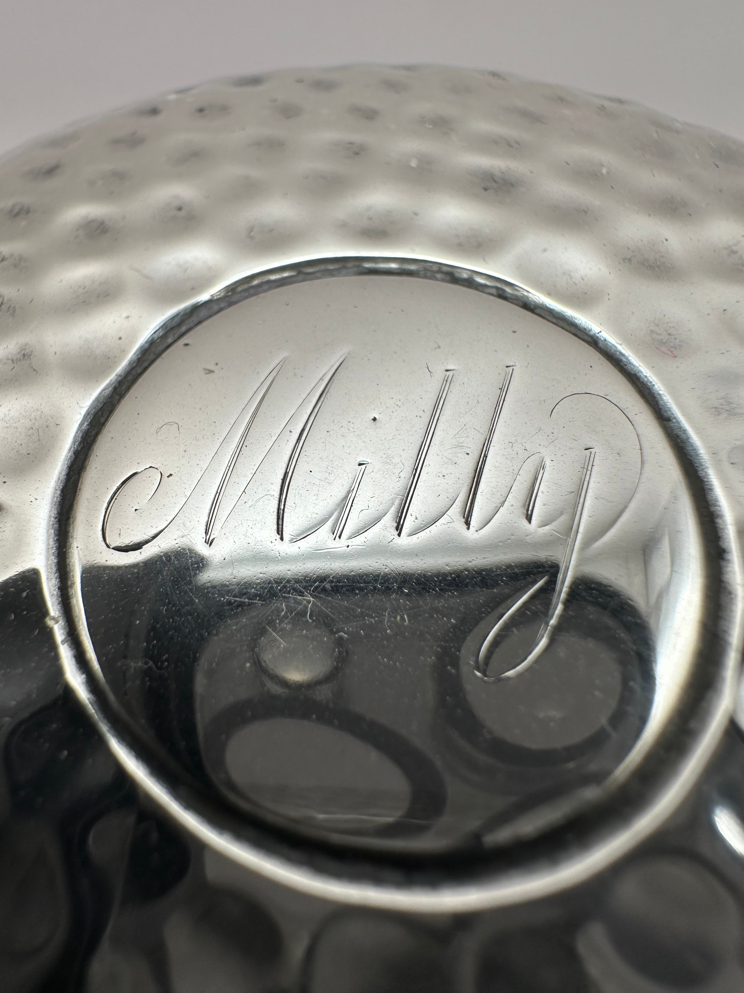Silver topped cut glass pot with an antique solid sterling silver lid engraved with milly in cursive