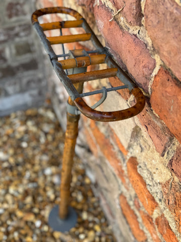 Rustic antique victorian bamboo shooting stick with curved handle wooden slats and metal base for outdoor use