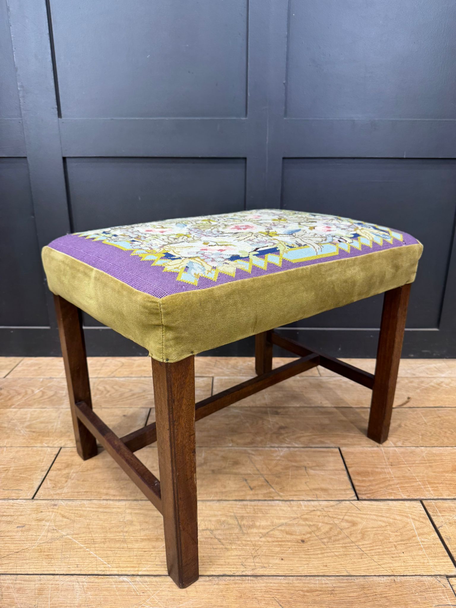 Antique victorian olive green velvet upholstered stool with floral needlepoint seat and mahogany legs